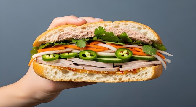 Hand holding a fresh banh mi sandwich filled with delicious vegetables and savory pork meat