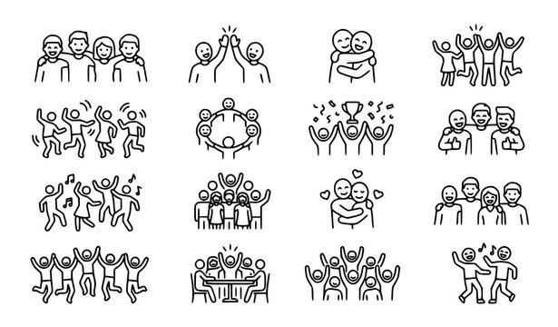 Happy people line icons collection with group friends party and joy expression symbols in creative layout for modern design