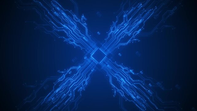 Blue circuit chip background glowing processor core, electronic traces, cross shaped connections, tech depth. hardware promos, software intros, cyber security videos, AI visuals, digital overlays.