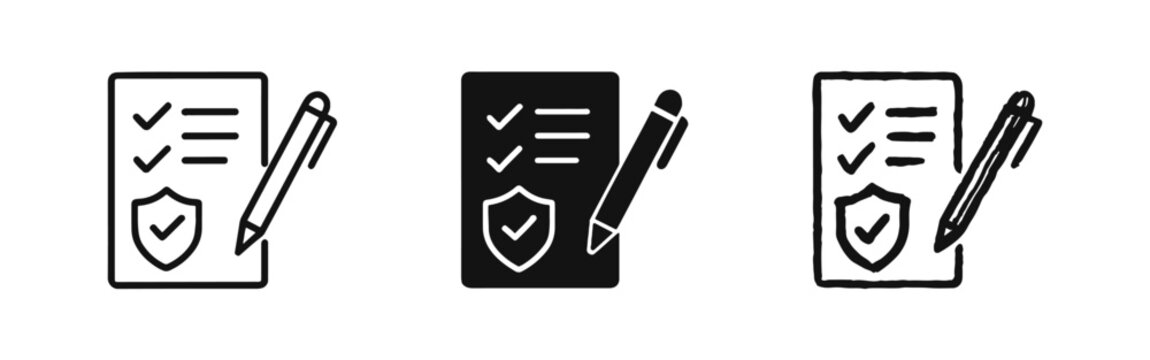 Security checklist and audit inspection icons with shield and pen in three styles