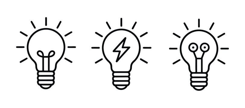 Light bulb icon vector set showing idea and inspiration concepts, creative thinking, innovation, and solution symbols for business brainstorming, startup visuals, and energy insight pictograms