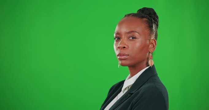 Face nodding, business and black woman on green screen in studio isolated on a background mockup. Portrait, professional and serious person or entrepreneur nod head for agreement, yes or satisfaction