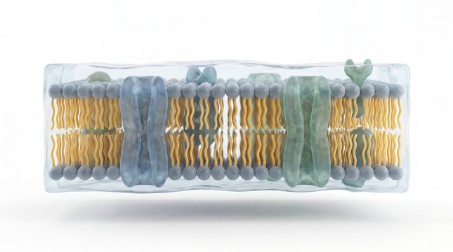 3d illustration of a cell membrane lipid bilayer with embedded proteins, representing the fluid mosaic model of biological cell structures
