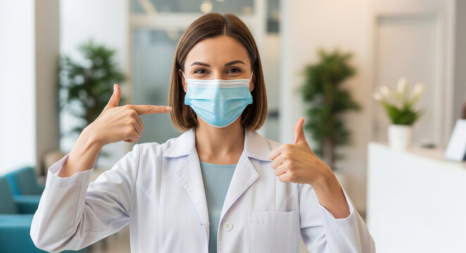 Professional female doctor pointing at medical face mask in clinic perfect for health safety and virus preventions