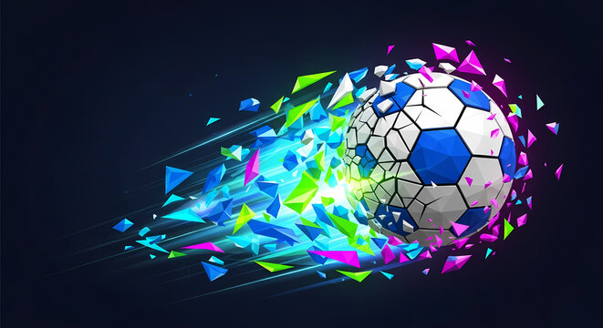 Soccer ball exploding into neon geometric shapes and light streaks on dark background.