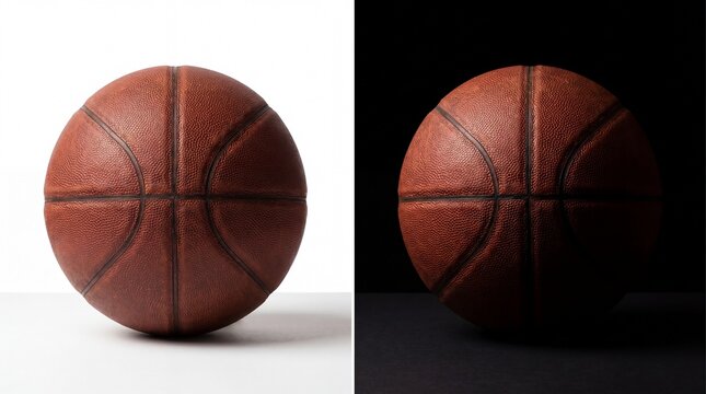 A basketball centered in a splitscreen composition, featuring a highcontrast white background on the left and a deep black background on the right, highlighting the balls texture and seams