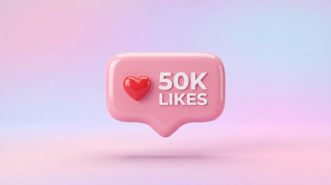 Glossy pink 3D notification pill with white heart and 50k likes text on soft pastel gradient background for social media achievement milestone engagement digital marketing