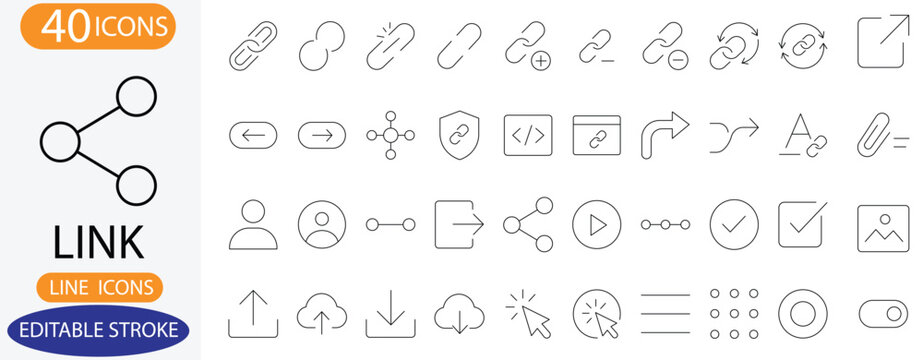 Link Line Icons Set. Features icons of chain links, buttons, hyperlinks, sharing symbols, and external arrows. Perfect for web navigation and UI UX design.