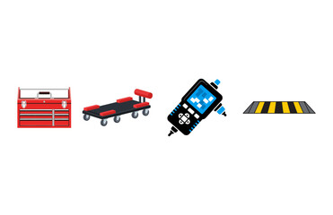 Fototapeta premium Vector graphic illustration of automotive tools and equipment arranged in a row on a white background