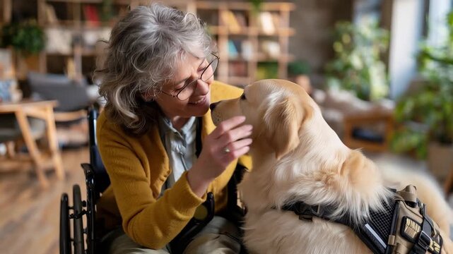 Golden Retriever in a service vest visits a woman in a wheelchair at a warm and cozy therapy setting during the daytime