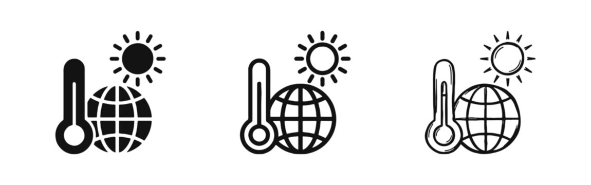 Global warming and climate change icon set with globe and thermometer