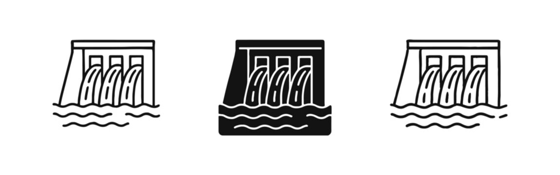 Hydroelectric Dam with Multiple Spillways Infrastructure Icon Set