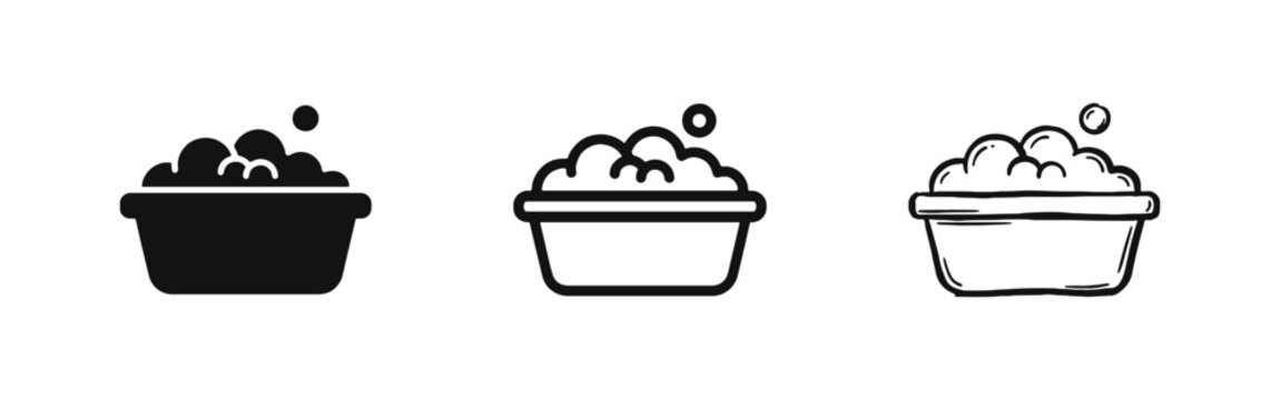 Washing Basin and Soap Bubbles Icon Set for Laundry and Hygiene