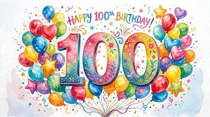 Fototapeta premium Happy 100th Birthday Celebration with Colorful Balloons and Confetti