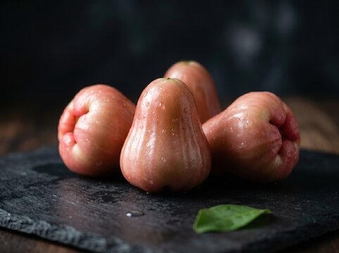 Fresh rose apples on a dark slate board
