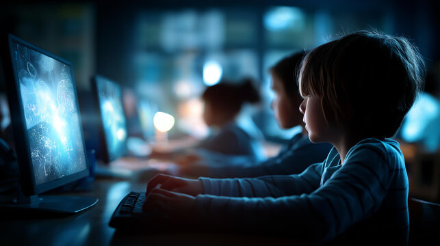 Cinematic wide view of silhouetted child figures seated at bright softly defocused classroom computers creating digital images on glowing screens primary school computer class