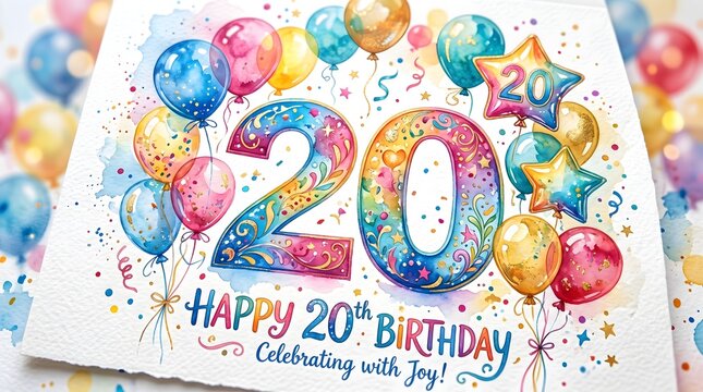 Happy 20th Birthday Watercolor Card with Colorful Balloons and Confetti for Celebration