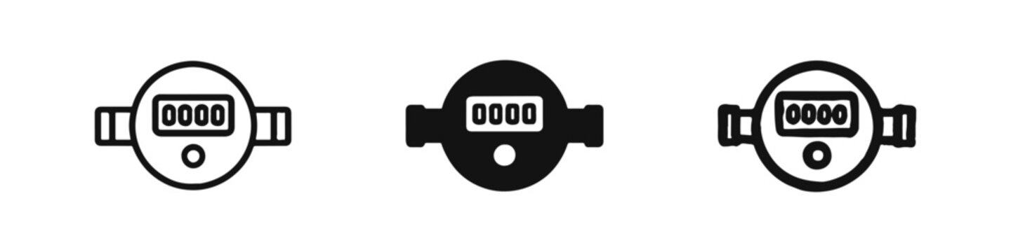 Residential water meter utility flow icon set in outline, solid, and hand-drawn styles