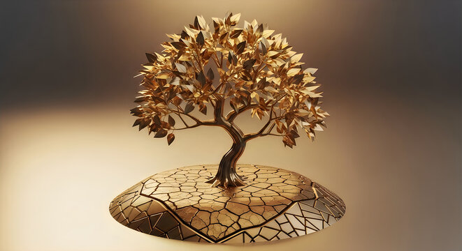 A golden tree growing from a cracked and parched desert landscape against a dark background