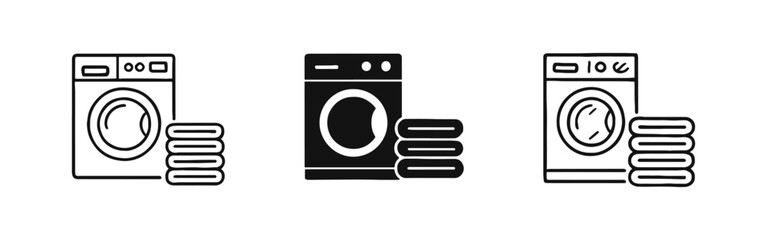 Washing machine with laundry pile household icon set in outline, solid, and hand-drawn styles © ICONS FOR YOU