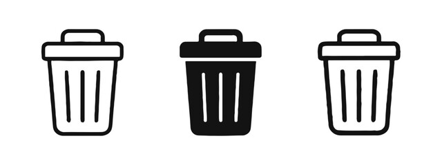 Trash can rubbish bin waste disposal icon set in outline, solid, and hand-drawn styles © ICONS FOR YOU