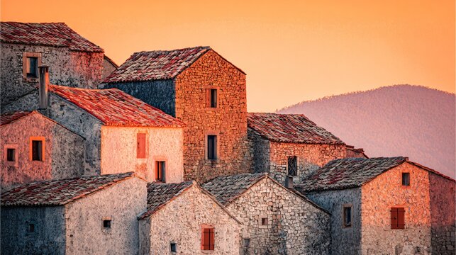 Detailed study of European village stonework and rooflines under a golden hour sky, a computer-generated illustration of architectural forms and light interaction.
