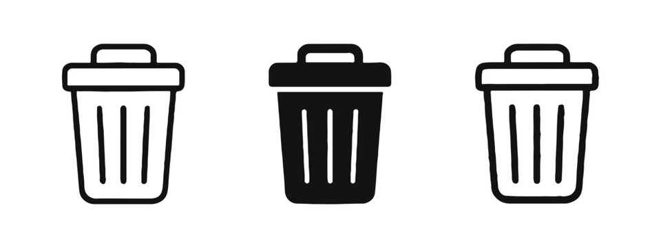 Trash can rubbish bin waste disposal icon set in outline, solid, and hand-drawn styles