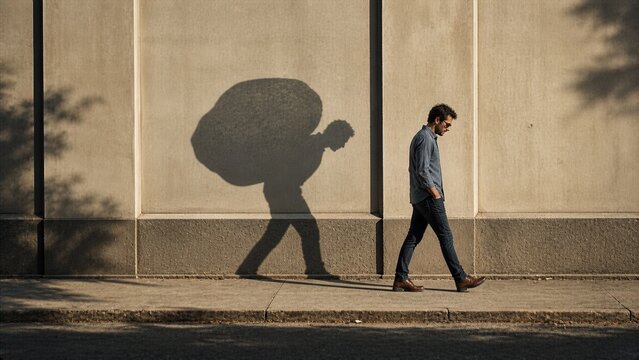 A man walks along a wall casting a shadow of a heavy load, symbolizing stress, responsibility, pressure, and the weight of life challenges.