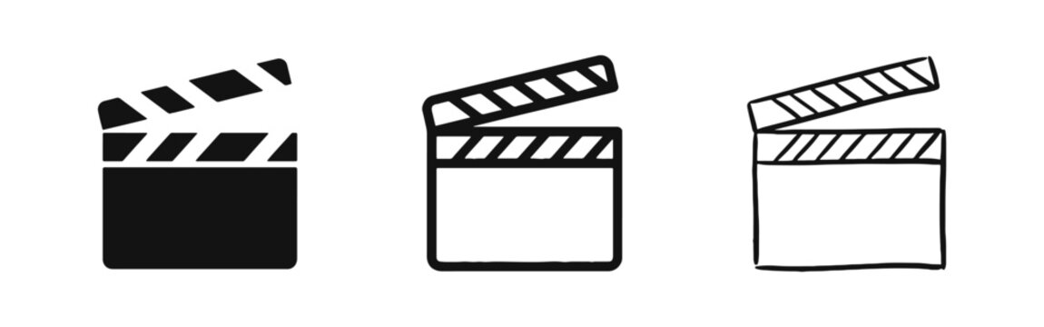 Movie clapperboard slate icon set for cinema and video production in three different styles