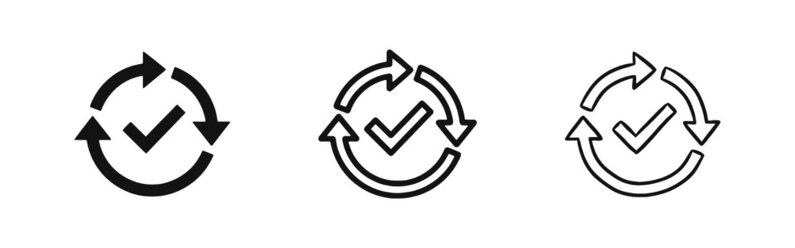 Refresh arrows with checkmark icon set representing successful update or cycle in three styles