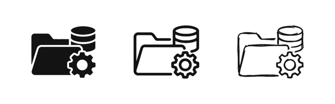Data folder with gear and database icon set for system management and settings in three styles