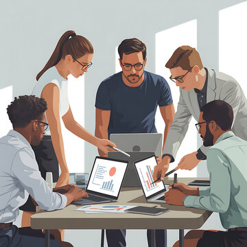 Diverse group of people in a business meeting with laptops Keywords: business, meeting