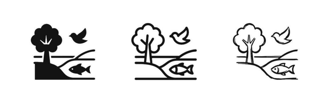 Nature ecology icon with tree bird and fish representing environmental conservation in three styles