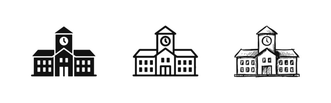 School Building Icon with Clock Tower, Education and Academic Learning Symbol
