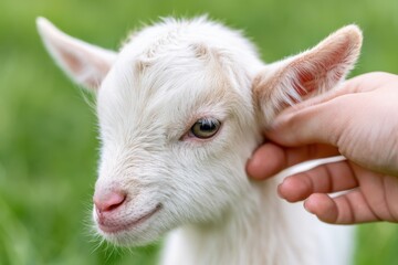 Fototapeta premium Young goat enjoys gentle touch from a person's hand on a sunny day in a grassy field