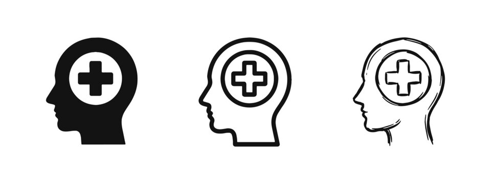 Mental Health and Medical Care Icon, Human Head with Cross Symbol for Psychology and Healthcare