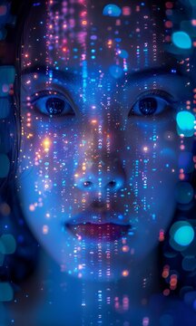 A futuristic woman's face glows with vibrant blue light and colorful digital particles.