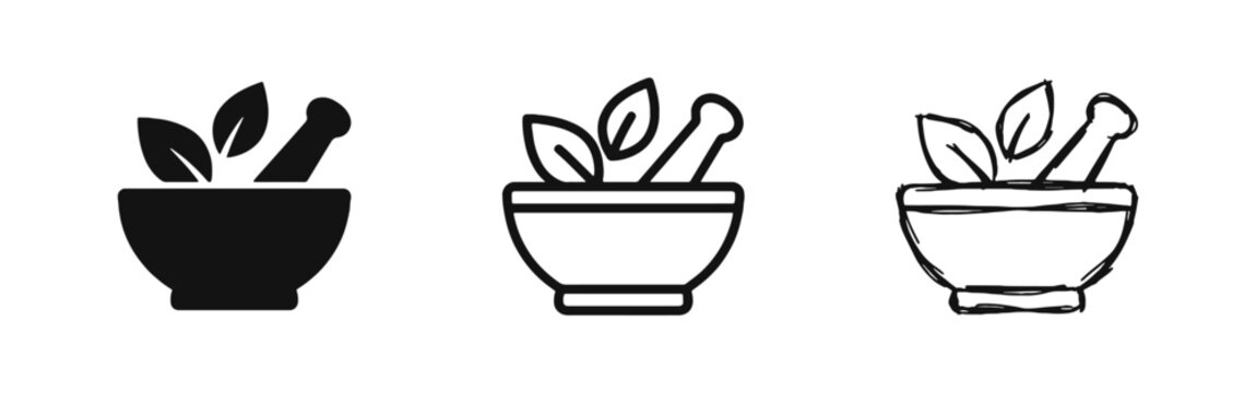 Herbal Medicine and Natural Pharmacy Icon, Mortar and Pestle with Leaves for Holistic Health