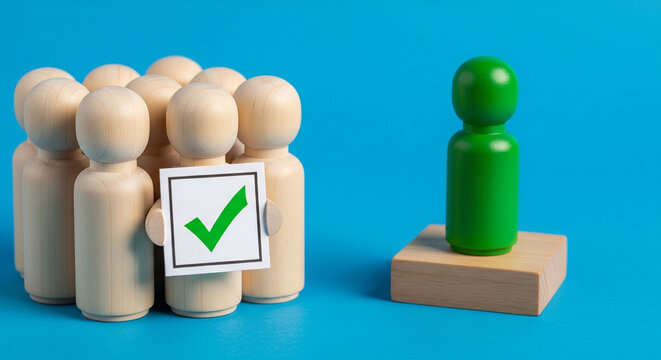 Wooden pegs with green figure and tick mark perfect for unique leadership selection and successful teamwork concepts