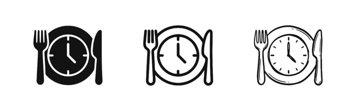 Meal Time and Diet Schedule Icon Set with Plate Clock Fork and Knife