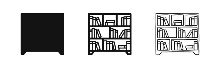 Naklejka premium Bookshelf Icon Set for Library Education Knowledge and Interior School Design
