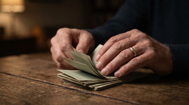 Manos humanas gestionando papel moneda sobre superficie plana de madera