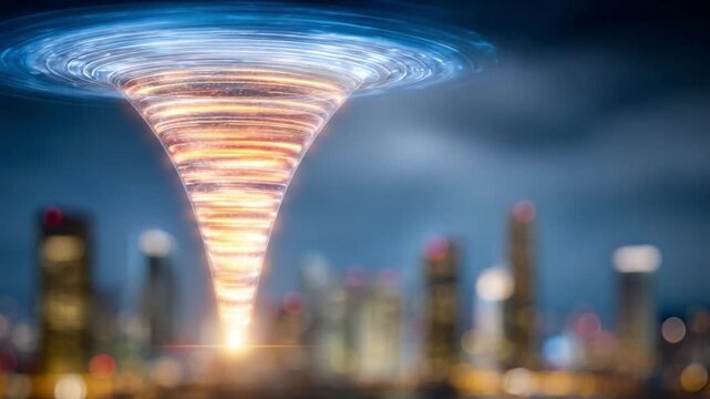 Whirlwind of Wonder: An awe-inspiring tornado descends upon a city skyline, its powerful vortex illuminated against a dramatic, stormy sky.