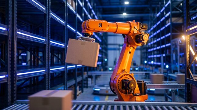 Brazo rob&oacute;tico industrial en un almac&eacute;n automatizado de &uacute;ltima generaci&oacute;n