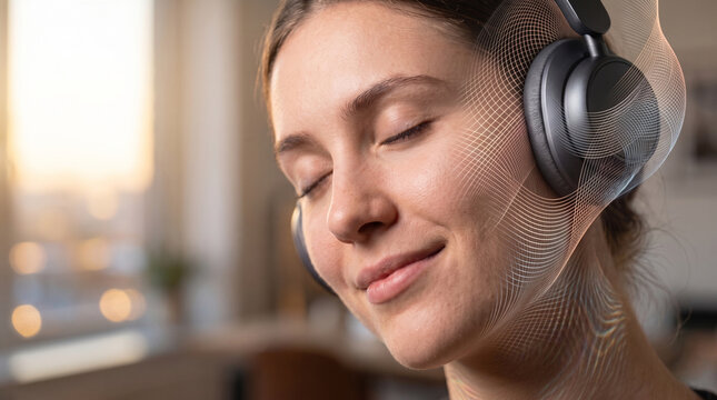 Mujer lleva auriculares inal&aacute;mbricos de los que emanan sutiles ondas de luz de ne&oacute;n en tonos violeta y azul &iacute;ndigo