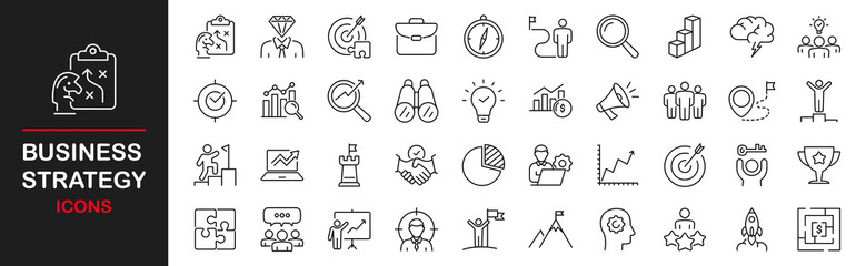Fototapeta na wymiar Business strategy icon set. Contains such icons as action list, research, solution, team, marketing, startup, advertising, business process, management and more