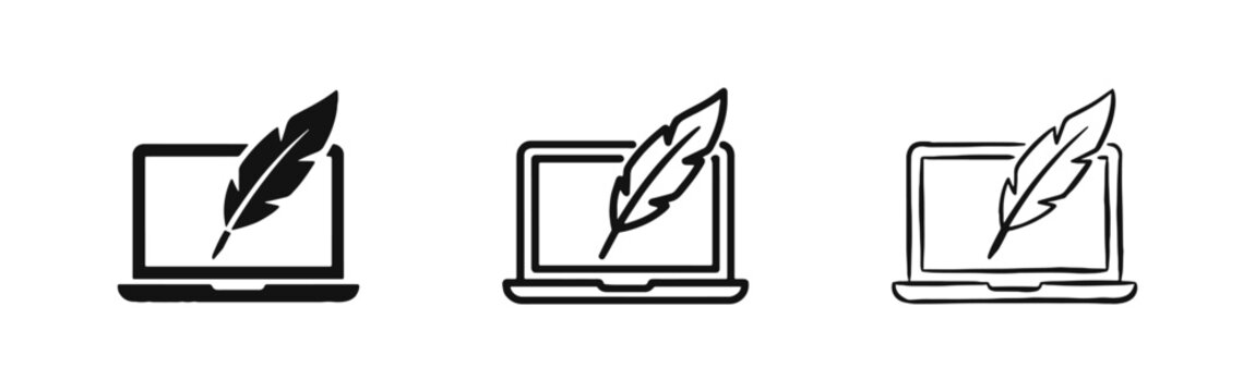 Digital Writing Icon Featuring a Laptop and Quill Pen in Three Graphic Styles