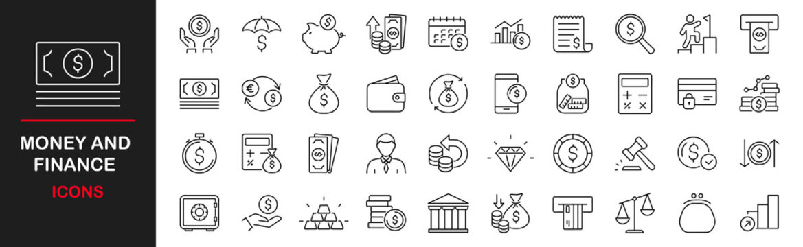 Money and finance icon set. Contains such icons as wallet, atm, bundle of money, cash, saving, financial goal, profit, budget, hand with a coin and more. Vector illustration