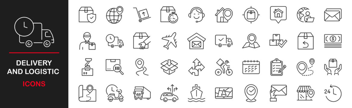 Delivery and logistics icon set. Receive of parcel and cargo. Contains such icons as express delivery, shipping methods, logistics, courier service, tracking order and more. Vector illustration