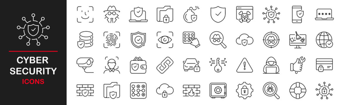 Cyber security icon set. Computer and internet security symbols icons set. Contains such icons as data protection, spam, security, antivirus, password, privacy, padlock, hacker and more